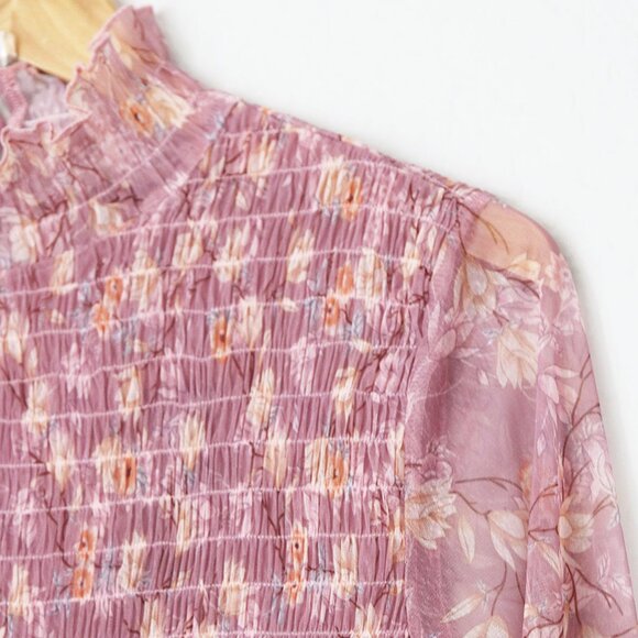 NEW Lulu's Sophisticated Blossom Mauve Pink Floral Mesh Smocked Mock Neck Top XL - Picture 12 of 15